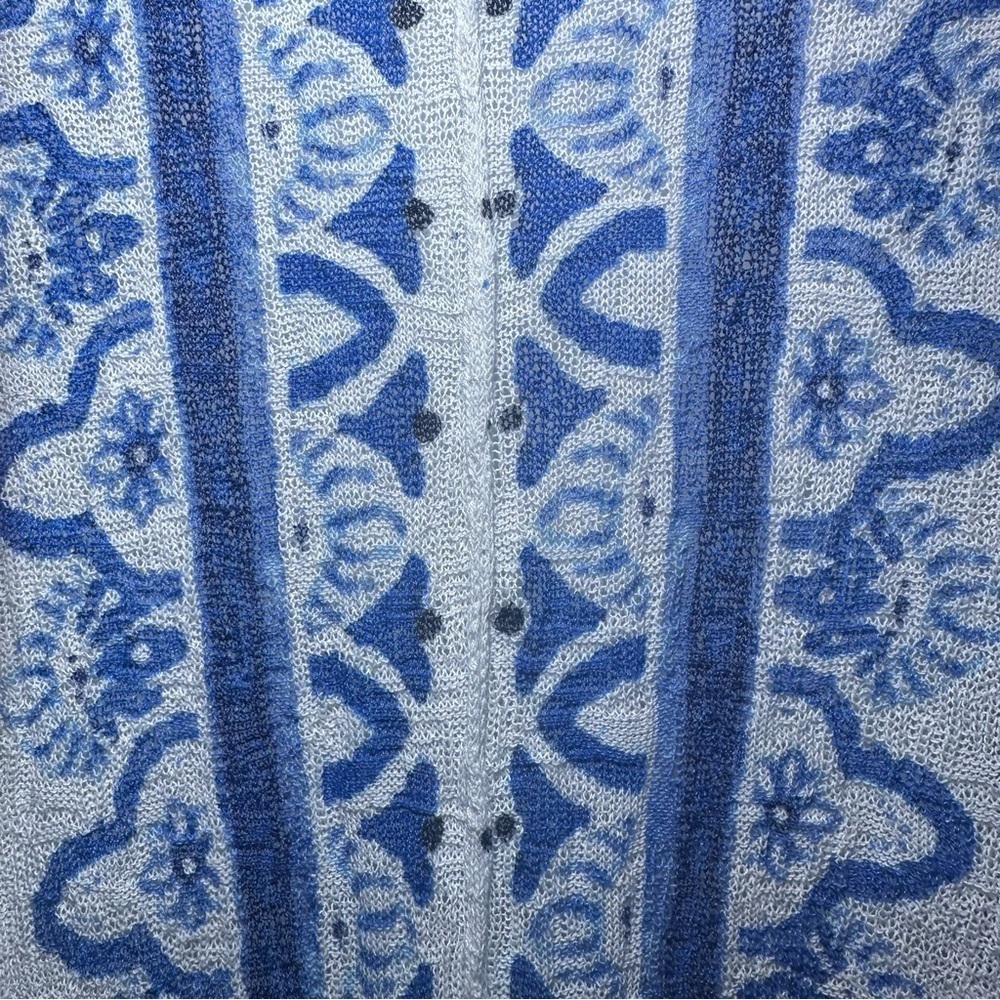 Chico’s Blue White Boho Lightweight Gauzy Longline Open Front Cardigan Kimono - Picture 8 of 9